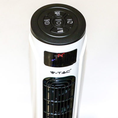 Elegantný stĺpový ventilátor V-TAC s ukazovateľom teploty a ďialkovým ovládaním, 120cm, 55W, Biela farba.