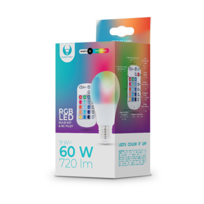 LED žiarovka E27 s diaľkovým ovládaním RGB, 9W, Teplá biela.