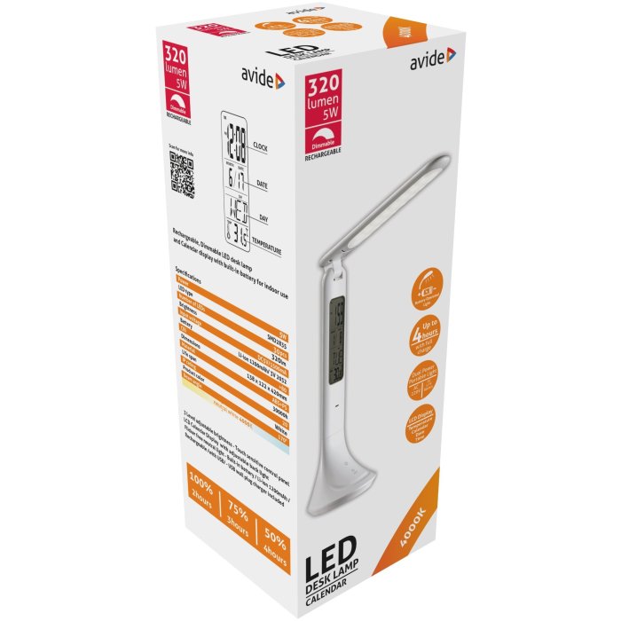LED Stolová lampa s displejom (kalendár, dátum, čas, teplota), 5W, 320lm, biela | Avide